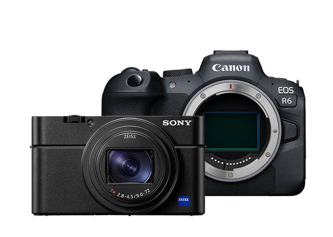 Dwie aparaty fotograficzne: kompaktowy Sony z obiektywem Zeiss i lustrzanka Canon EOS R6 z odsłoniętym bagnetem